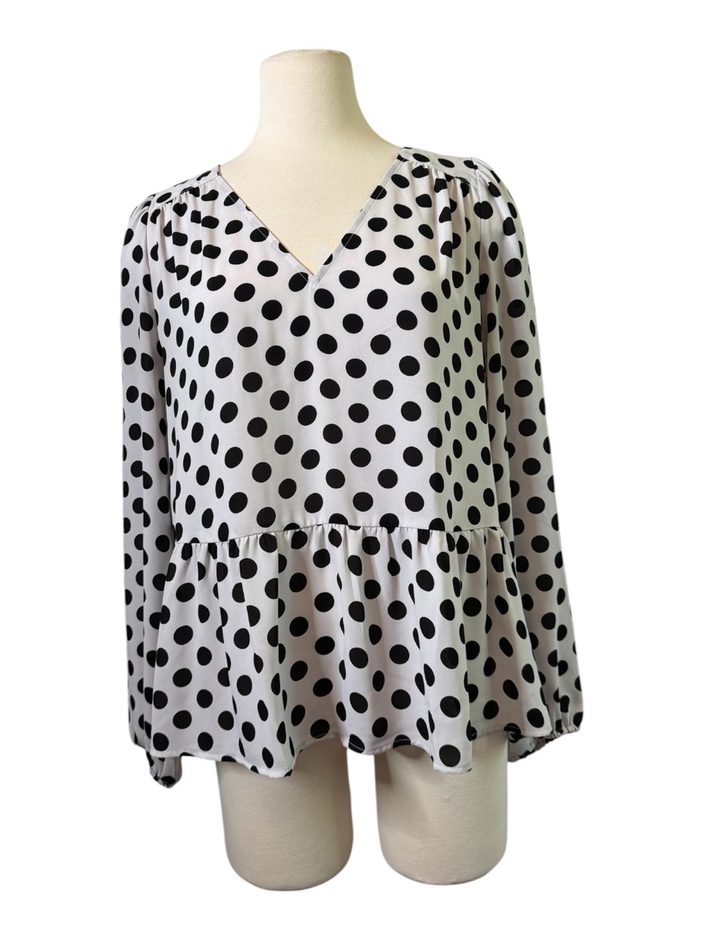 LOFT White and Black Polka Dot V-Neck Peplum Blouse
